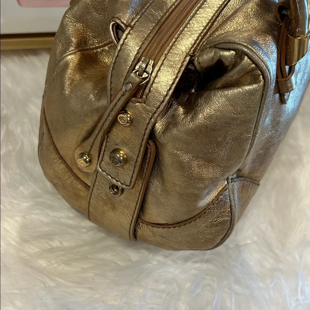 Francesco Biasia Gold Metallic Leather Satchel Shoulder Bag Structured handbag